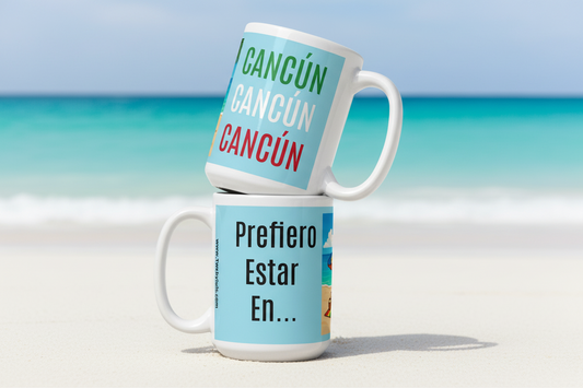 Two mugs with text on a beach background