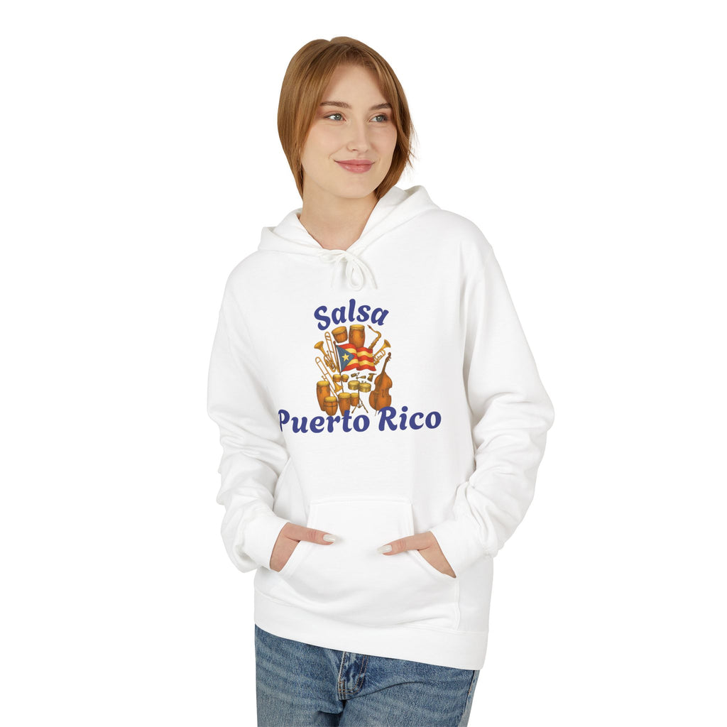 Woman wearing a white hoodie with 'Salsa Puerto Rico' design on a white background