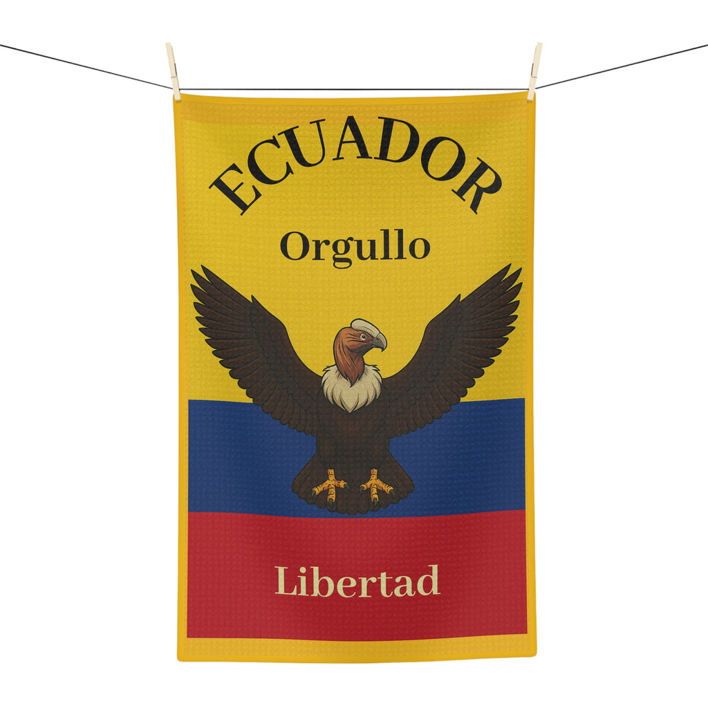 Ecuador-themed tea towel with an eagle design on a yellow, blue, and red background.