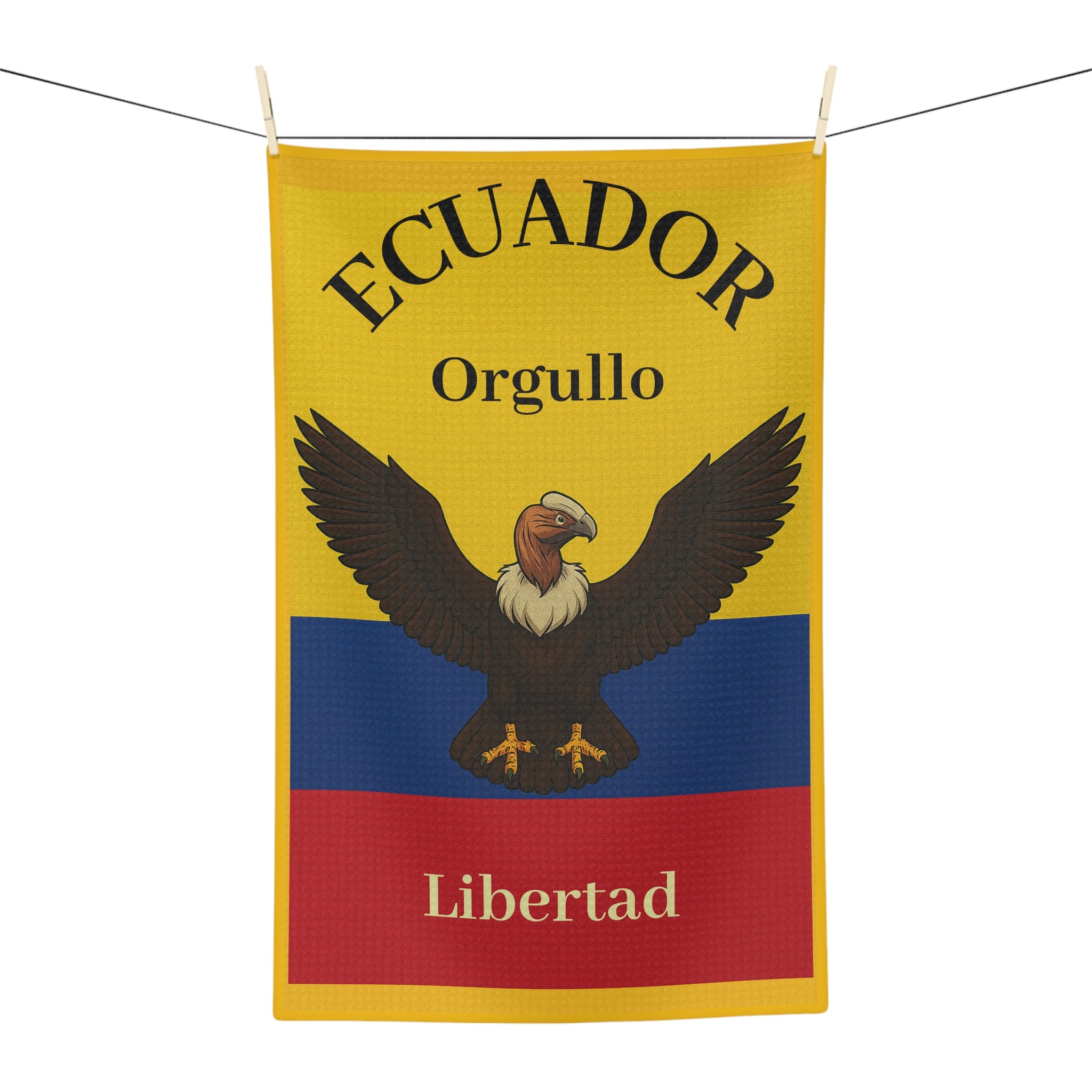 Ecuador-themed tea towel with an eagle design on a yellow, blue, and red background.