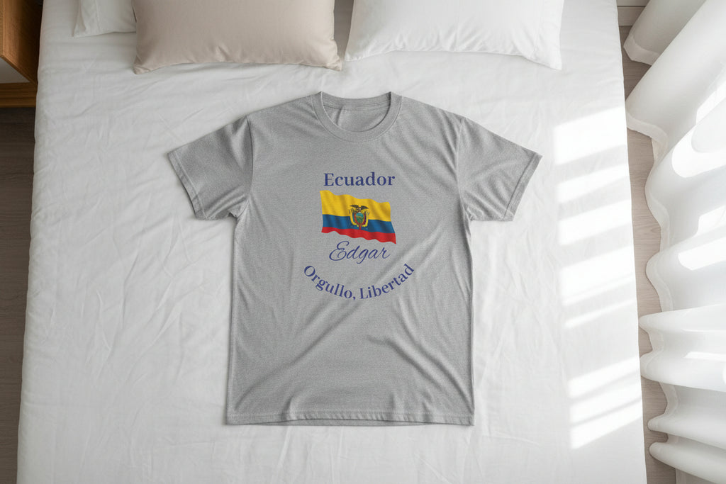 Gray t-shirt with Ecuador flag and text on a white background