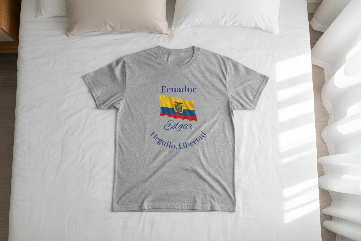 Gray t-shirt with Ecuador flag and text on a white background