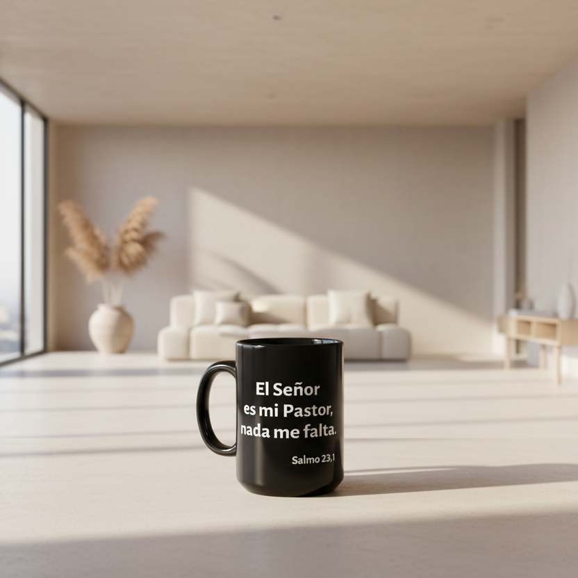 Black mug with Spanish text in a modern living room