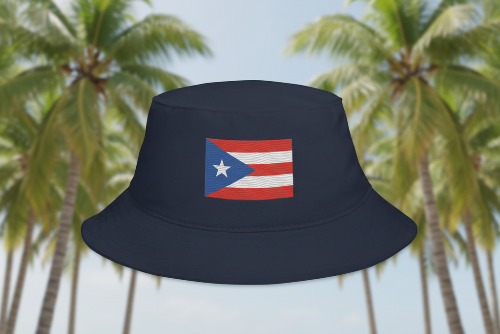 Black bucket hat with Puerto Rican flag design against a palm tree background