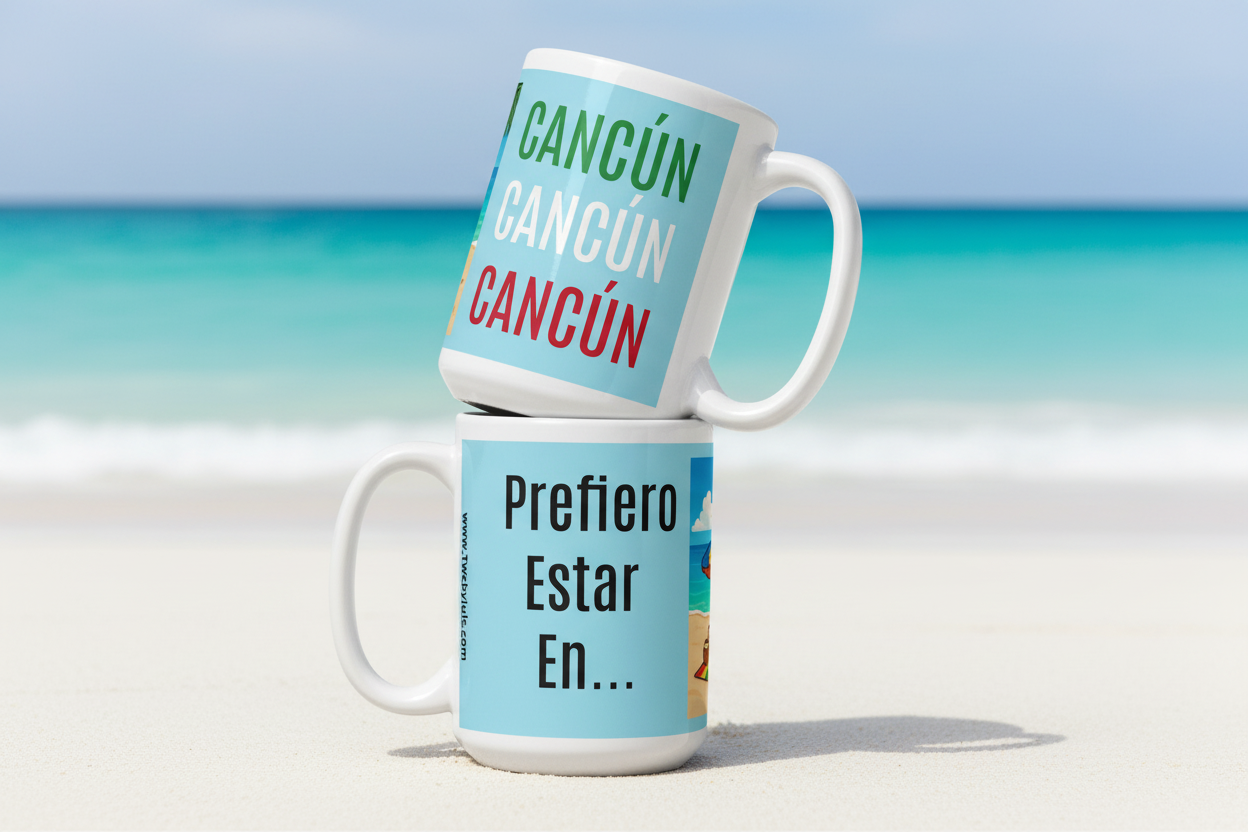Two mugs with text on a beach background